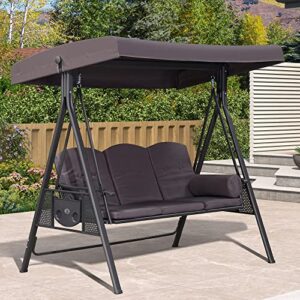 purple leaf outdoor patio porch swing with stand, 3-seat swing chair with adjustable tilt canopy all-weather steel frame for backyard front porch lawn, cushions and pillow included, grey