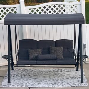 PURPLE LEAF Outdoor Patio Porch Swing with Stand, 3-seat Swing Chair with Adjustable Tilt Canopy All-Weather Steel Frame for Backyard Front Porch Lawn, Cushions and Pillow Included, Grey