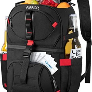 Cooler Backpack with 5 Ice Packs, 32 Cans Insulated Cooler Bag, AMBOR Large Capacity Lunch Backpack with Double Decks, Soft Lightweight Leakproof Cooler Backpack for Men Women Work/Hiking/Camping