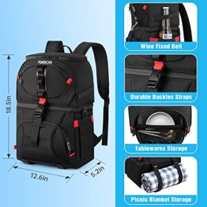 Cooler Backpack with 5 Ice Packs, 32 Cans Insulated Cooler Bag, AMBOR Large Capacity Lunch Backpack with Double Decks, Soft Lightweight Leakproof Cooler Backpack for Men Women Work/Hiking/Camping