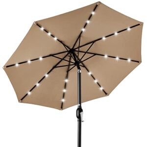 best choice products 10ft solar powered aluminum polyester led lighted patio umbrella w/tilt adjustment and uv-resistant fabric, tan
