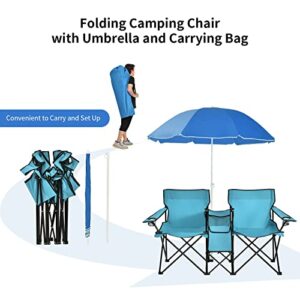 ARLIME Double Folding Beach Chairs, Outdoor Picnic Portable Loveseat Chairs with Removable Umbrella & Mini Table Carrying Bag, Camping Chair for Patio, Pool, Park (Turquoise)