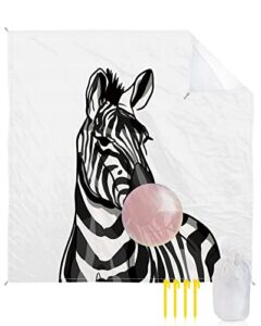 watercolor zebra blowing pink bubbles beach blanket sandproof, beach mat sand free waterproof, black white animal pure backdrop outdoor picnic blanket for beach party/travel/camping 108″x84″