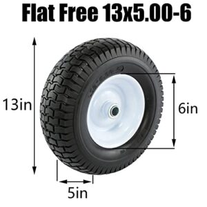 13x5.00-6 Front Flat Free Tire and Wheel Assembly with 3/4 & 5/8 Bearing, 3” Hub Riding Mower Lawn Tire 5.00-6, 13 inch No-Flat Solid Rubber Turf Wheel for Garden Tractor Truck Wheelbarrow Cart