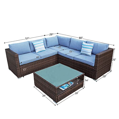 COSIEST 4-Piece Outdoor Furniture Set All-Weather Brown Wicker Sectional Sofa w Glass Coffee Table, Heritage Blue Cushions,2 Stripe Woven Pillows Incl. Waterproof Cover for Garden