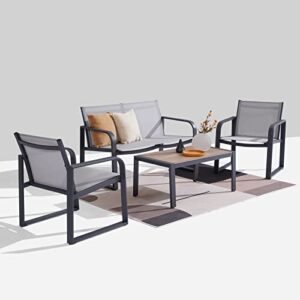 outdoor patio furniture set with aluminum frame, 4 pieces outdoor garden patio conversation sets with breathable textilene with loveseat coffee table for yard,home,balcony,grey