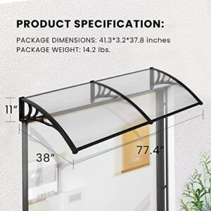 VIVOHOME Polycarbonate Window Door Awning Canopy Transparent with Black Bracket 40 Inch x 80 Inch