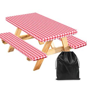 senneny 3 pcs fitted picnic table cover and bench cover set, 100% waterproof vinyl tablecloth with flannel backing, red and white checkered, 30 x 72 inch