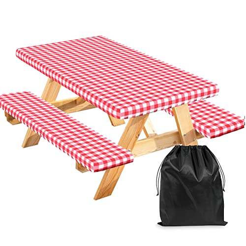 Senneny 3 PCS Fitted Picnic Table Cover and Bench Cover Set, 100% Waterproof Vinyl Tablecloth with Flannel Backing, Red and White Checkered, 30 x 72 Inch