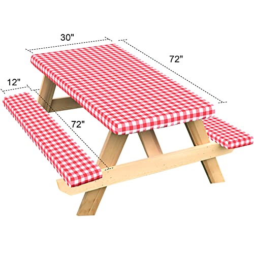 Senneny 3 PCS Fitted Picnic Table Cover and Bench Cover Set, 100% Waterproof Vinyl Tablecloth with Flannel Backing, Red and White Checkered, 30 x 72 Inch