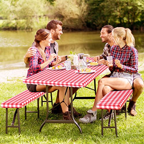 Senneny 3 PCS Fitted Picnic Table Cover and Bench Cover Set, 100% Waterproof Vinyl Tablecloth with Flannel Backing, Red and White Checkered, 30 x 72 Inch