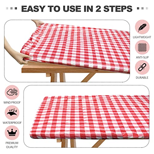 Senneny 3 PCS Fitted Picnic Table Cover and Bench Cover Set, 100% Waterproof Vinyl Tablecloth with Flannel Backing, Red and White Checkered, 30 x 72 Inch
