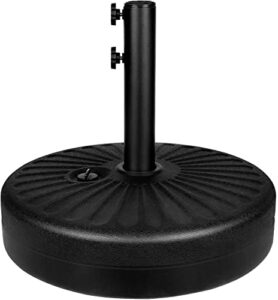 simple deluxe 20″ round heavy duty patio umbrella base stand with steel umbrella holder, water or sand fillable for outdoor, lawn, garden, 50lbs weight capacity, black