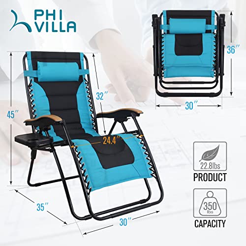 PHI VILLA XL Oversize Zero Gravity Chair Padded Recliner Oversize Lounge Chair with Free Cup Holder,Support 350 LBS (Aqua)