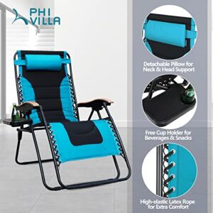 PHI VILLA XL Oversize Zero Gravity Chair Padded Recliner Oversize Lounge Chair with Free Cup Holder,Support 350 LBS (Aqua)