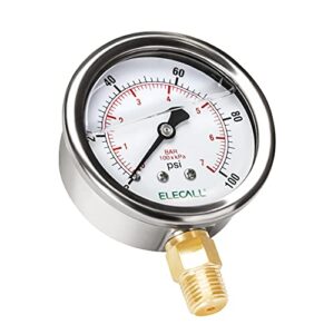 elecall 100psi silicone oil filled pressure gauge for water oil air pressure test in pool pump sand filter air compressor water system, 2-1/2″ stainless steel case, lower mount 1/4″npt