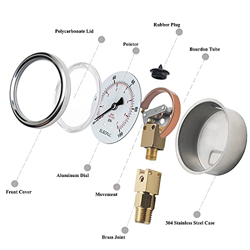 ELECALL 100psi Silicone Oil Filled Pressure Gauge for Water Oil Air Pressure Test in Pool Pump Sand Filter Air Compressor Water System, 2-1/2" Stainless Steel Case, Lower Mount 1/4"NPT