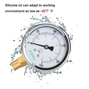 ELECALL 100psi Silicone Oil Filled Pressure Gauge for Water Oil Air Pressure Test in Pool Pump Sand Filter Air Compressor Water System, 2-1/2" Stainless Steel Case, Lower Mount 1/4"NPT