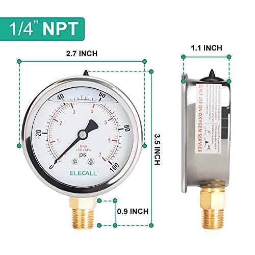 ELECALL 100psi Silicone Oil Filled Pressure Gauge for Water Oil Air Pressure Test in Pool Pump Sand Filter Air Compressor Water System, 2-1/2" Stainless Steel Case, Lower Mount 1/4"NPT