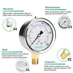 ELECALL 100psi Silicone Oil Filled Pressure Gauge for Water Oil Air Pressure Test in Pool Pump Sand Filter Air Compressor Water System, 2-1/2" Stainless Steel Case, Lower Mount 1/4"NPT