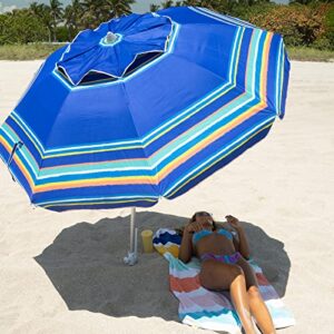 AMMSUN 7ft Heavy Duty High Wind Beach Umbrella Parasols with sand anchor & Tilt Sun Shelter, UV 50+ Protection Outdoor Sunshade Umbrella with Carry Bag for Patio Garden Beach Pool Backyard Stripe Blue