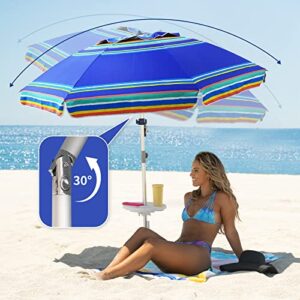 AMMSUN 7ft Heavy Duty High Wind Beach Umbrella Parasols with sand anchor & Tilt Sun Shelter, UV 50+ Protection Outdoor Sunshade Umbrella with Carry Bag for Patio Garden Beach Pool Backyard Stripe Blue