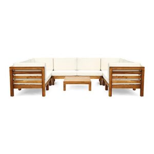 great deal furniture dawson outdoor u-shaped sectional sofa set with coffee table – 9-piece 8-seater – acacia wood – outdoor cushions – teak and beige