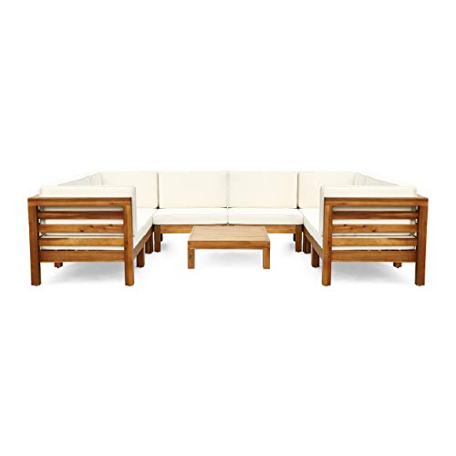 Great Deal Furniture Dawson Outdoor U-Shaped Sectional Sofa Set with Coffee Table - 9-Piece 8-Seater - Acacia Wood - Outdoor Cushions - Teak and Beige