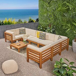 Great Deal Furniture Dawson Outdoor U-Shaped Sectional Sofa Set with Coffee Table - 9-Piece 8-Seater - Acacia Wood - Outdoor Cushions - Teak and Beige