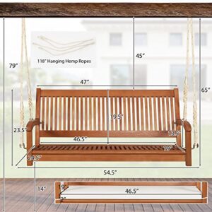 Happygrill Hanging Porch Swing 2-Seat Wooden Swing Bench with Cushion and Hanging Ropes, Outdoor Patio Swing for Garden and Backyard