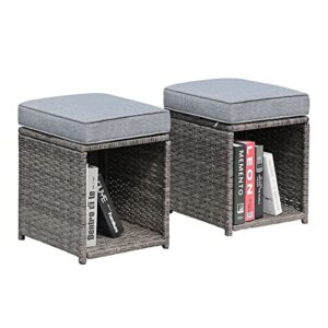 joivi 2 pieces outdoor patio ottoman, all weather rattan wicker ottoman set, outdoor footstool footrest seat with removable cushions storage space, grey