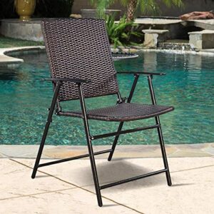 Tangkula 4 PCS Folding Patio Chair Set Outdoor Pool Lawn Portable Wicker Chair with Armrest & Footrest Durable Rattan Steel Frame Commercial Foldable Stackable Party Wedding Chair Set (24X23X37)