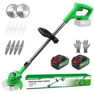 cordless weed trimmer battery powered, 21v lightweight weed wacker with 2 li-ion battery, 1 charger and 11 cutting blades, 47 inch powerful weed eater for lawn, yard, garden, bush trimming & pruning