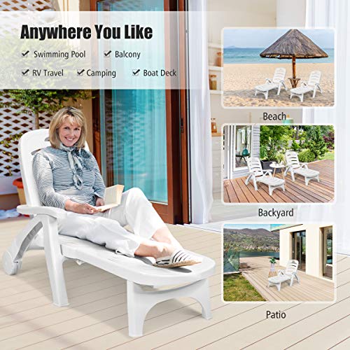 Giantex Lounge Chair Outdoor Folding Lounger with Wheels, 5 Adjustable Backrest Positions Lightweight Recliner Chaise Chair Suitable for Patio, Backyard, Poolside Chaise Lounge