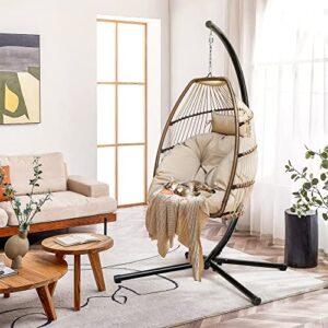 devoko egg chair indoor outdoor hanging swing chair wicker rattan patio hammock chair with stand soft cushion for bedroom garden backyard (tan)