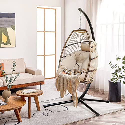 Devoko Egg Chair Indoor Outdoor Hanging Swing Chair Wicker Rattan Patio Hammock Chair with Stand Soft Cushion for Bedroom Garden Backyard (Tan)