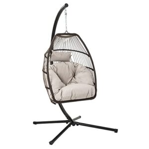 Devoko Egg Chair Indoor Outdoor Hanging Swing Chair Wicker Rattan Patio Hammock Chair with Stand Soft Cushion for Bedroom Garden Backyard (Tan)