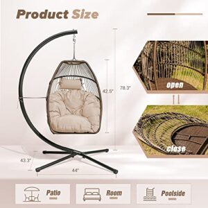 Devoko Egg Chair Indoor Outdoor Hanging Swing Chair Wicker Rattan Patio Hammock Chair with Stand Soft Cushion for Bedroom Garden Backyard (Tan)