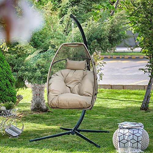 Devoko Egg Chair Indoor Outdoor Hanging Swing Chair Wicker Rattan Patio Hammock Chair with Stand Soft Cushion for Bedroom Garden Backyard (Tan)