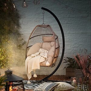 Devoko Egg Chair Indoor Outdoor Hanging Swing Chair Wicker Rattan Patio Hammock Chair with Stand Soft Cushion for Bedroom Garden Backyard (Tan)