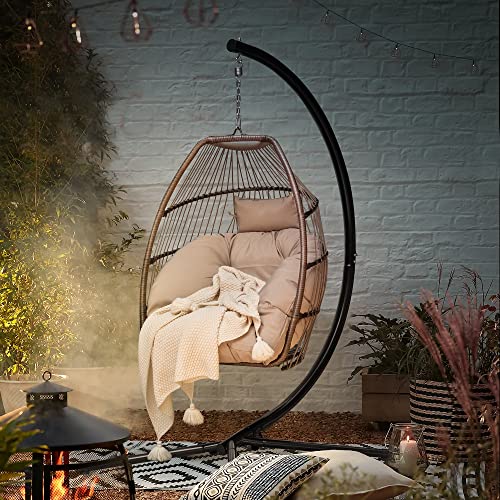 Devoko Egg Chair Indoor Outdoor Hanging Swing Chair Wicker Rattan Patio Hammock Chair with Stand Soft Cushion for Bedroom Garden Backyard (Tan)