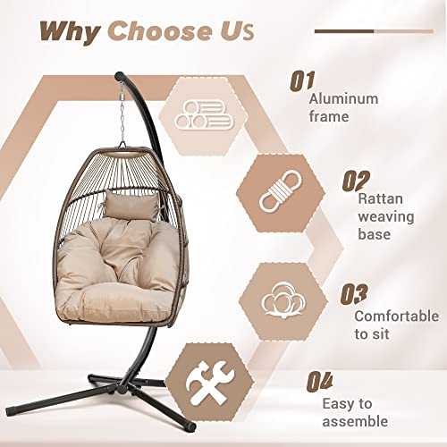 Devoko Egg Chair Indoor Outdoor Hanging Swing Chair Wicker Rattan Patio Hammock Chair with Stand Soft Cushion for Bedroom Garden Backyard (Tan)