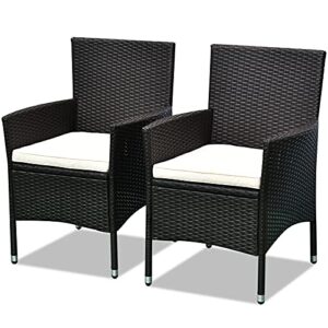 outsunny 2 pcs rattan wicker dining chairs with cushions and anti-slip foot, patio stackable chairs set for backyard, garden, lawn, dark coffee
