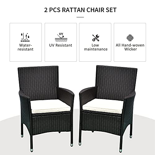 Outsunny 2 PCS Rattan Wicker Dining Chairs with Cushions and Anti-Slip Foot, Patio Stackable Chairs Set for Backyard, Garden, Lawn, Dark Coffee