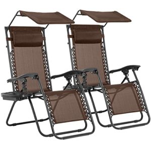 bestmassage patio lounge chair 2 pack recliner w/folding canopy shade and cup holder for outdoor funiture (brown)