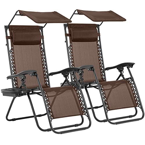 BestMassage Patio Lounge Chair 2 Pack Recliner W/Folding Canopy Shade and Cup Holder for Outdoor Funiture (Brown)