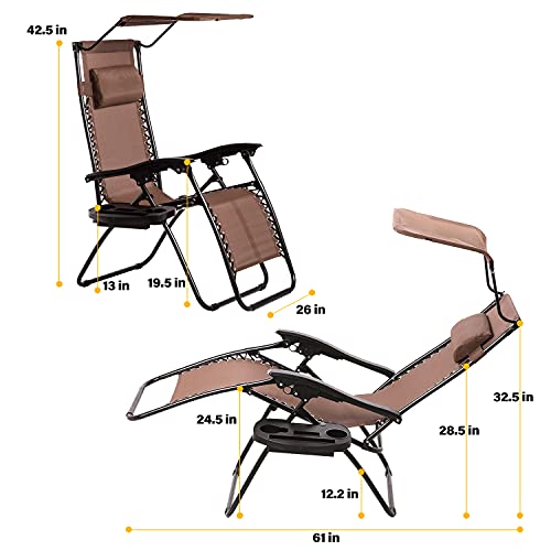 BestMassage Patio Lounge Chair 2 Pack Recliner W/Folding Canopy Shade and Cup Holder for Outdoor Funiture (Brown)