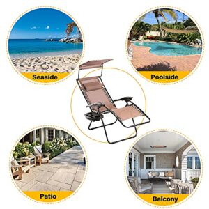 BestMassage Patio Lounge Chair 2 Pack Recliner W/Folding Canopy Shade and Cup Holder for Outdoor Funiture (Brown)