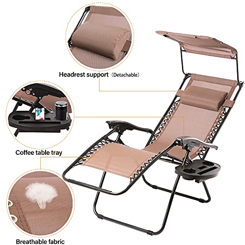 BestMassage Patio Lounge Chair 2 Pack Recliner W/Folding Canopy Shade and Cup Holder for Outdoor Funiture (Brown)