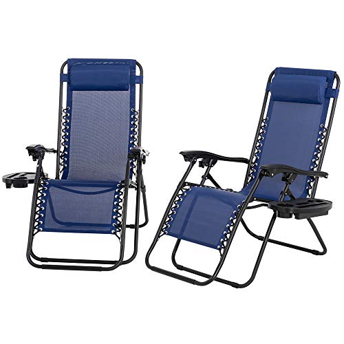 Shintenchi Patio Zero Gravity Recliner Lounge Chair, Outdoor Folding Beach Chair Recliner, Adjustable Long Chair w/ Cup Holder and Headrest, Set of 2 for Yard Garden Deck Poolside Camp, Dark Blue